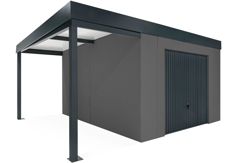 GARDEON® Gartenhaus mit sicherer Garagentür von Hörmann und überdachtem Bereich