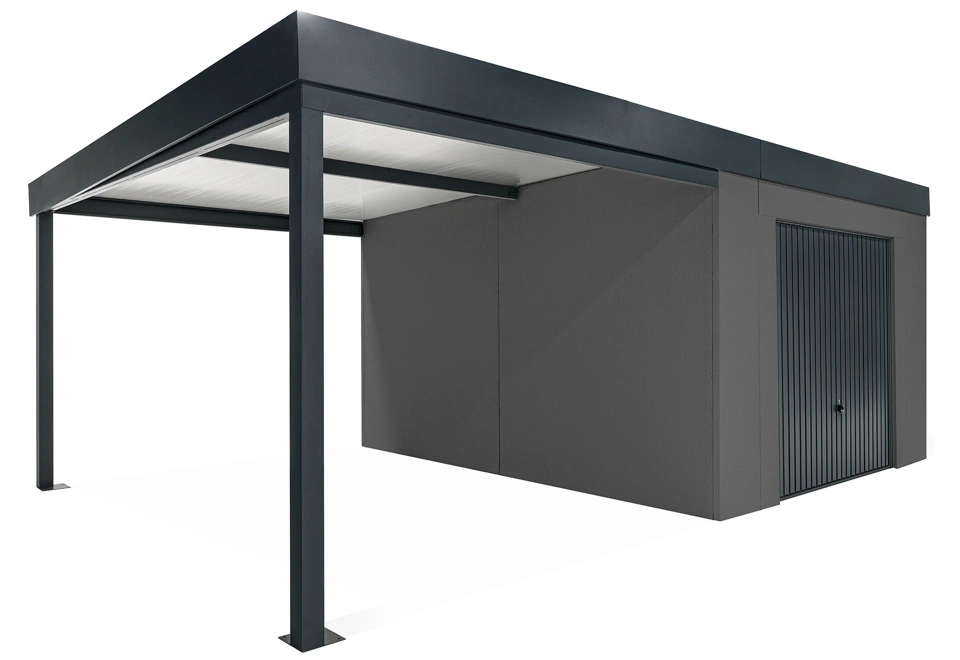 GARDEON® Gartenhaus mit sicherer Garagentür von Hörmann und überdachtem Bereich