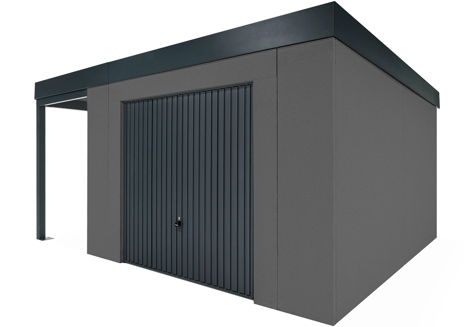 GARDEON® Gartenhaus mit sicherer Garagentür von Hörmann und überdachtem Bereich