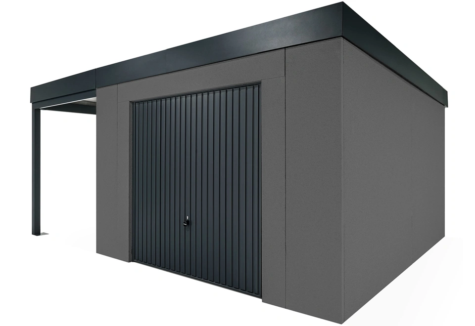 GARDEON® Gartenhaus mit sicherer Garagentür von Hörmann und überdachtem Bereich