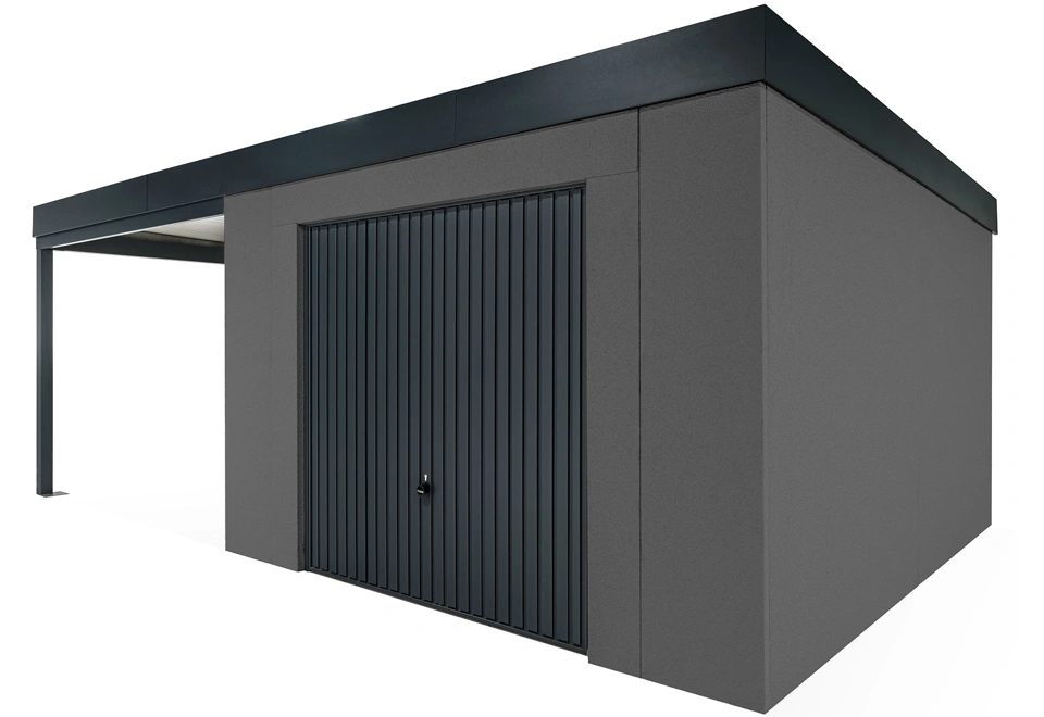 GARDEON® Gartenhaus mit sicherer Garagentür von Hörmann und überdachtem Bereich