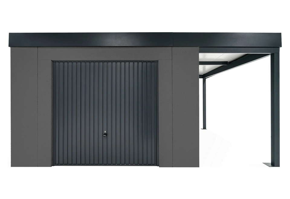 GARDEON® Gartenhaus mit sicherer Garagentür von Hörmann und überdachtem Bereich