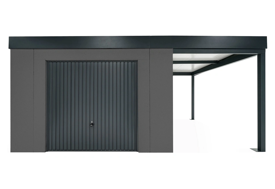 GARDEON® Gartenhaus mit sicherer Garagentür von Hörmann und überdachtem Bereich