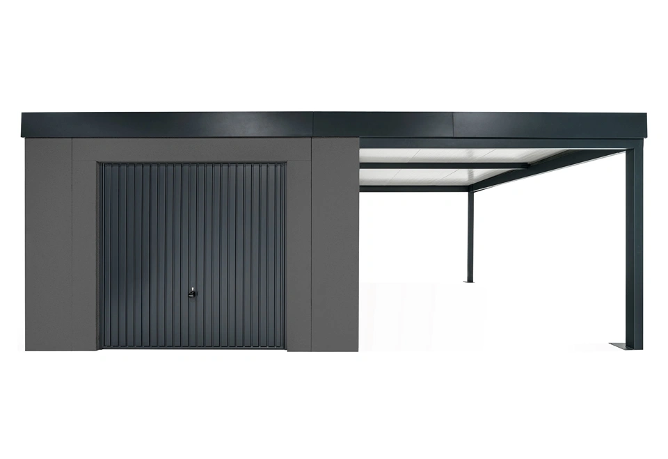 GARDEON® Gartenhaus mit sicherer Garagentür von Hörmann und überdachtem Bereich