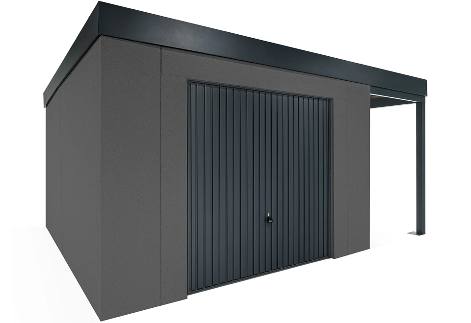GARDEON® Gartenhaus mit sicherer Garagentür von Hörmann und überdachtem Bereich