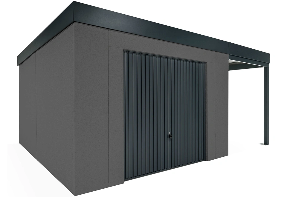 GARDEON® Gartenhaus mit sicherer Garagentür von Hörmann und überdachtem Bereich