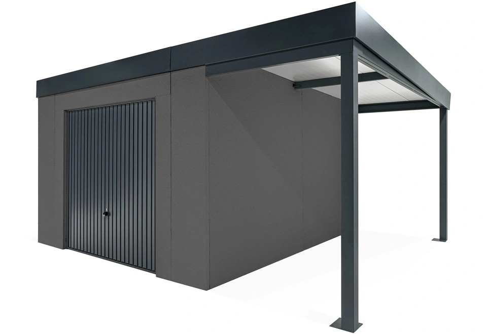 GARDEON® Gartenhaus mit sicherer Garagentür von Hörmann und überdachtem Bereich