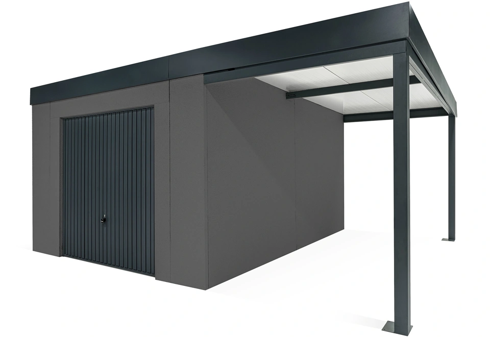 GARDEON® Gartenhaus mit sicherer Garagentür von Hörmann und überdachtem Bereich