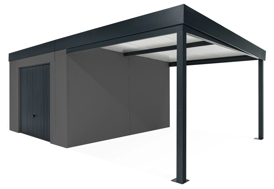 GARDEON® Gartenhaus mit sicherer Garagentür von Hörmann und überdachtem Bereich