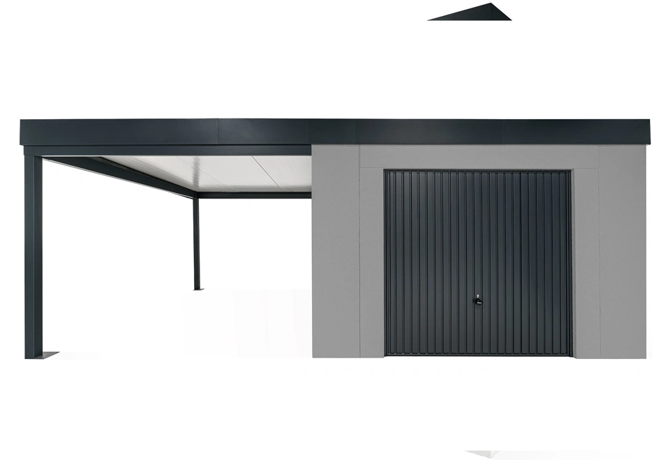 GARDEON® Gartenhaus mit sicherer Garagentür von Hörmann und überdachtem Bereich