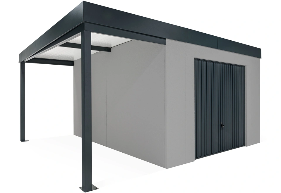GARDEON® Gartenhaus mit sicherer Garagentür von Hörmann und überdachtem Bereich