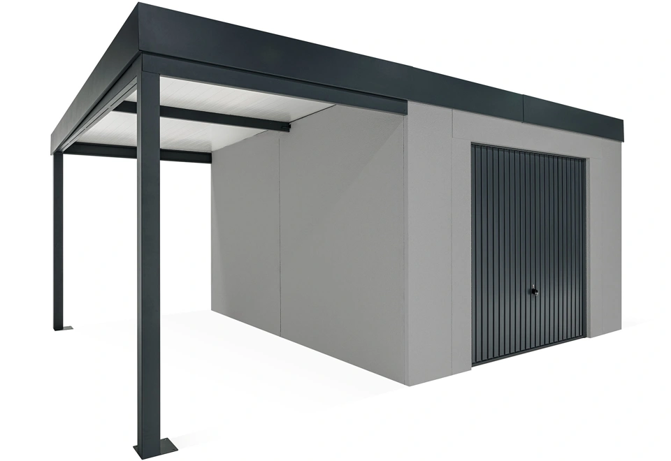 GARDEON® Gartenhaus mit sicherer Garagentür von Hörmann und überdachtem Bereich
