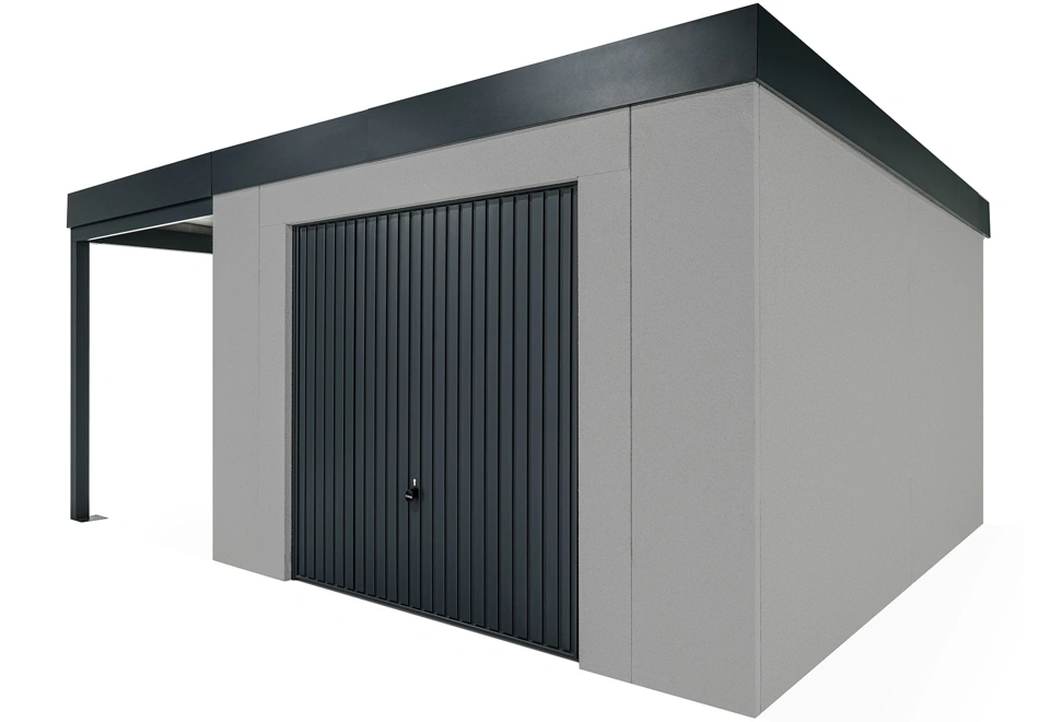 GARDEON® Gartenhaus mit sicherer Garagentür von Hörmann und überdachtem Bereich