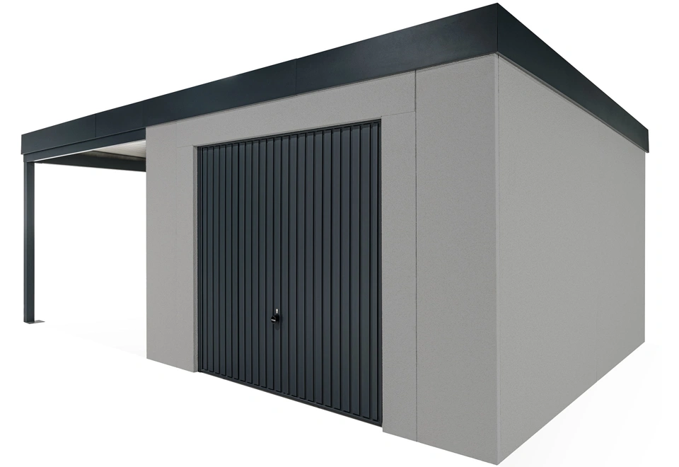 GARDEON® Gartenhaus mit sicherer Garagentür von Hörmann und überdachtem Bereich