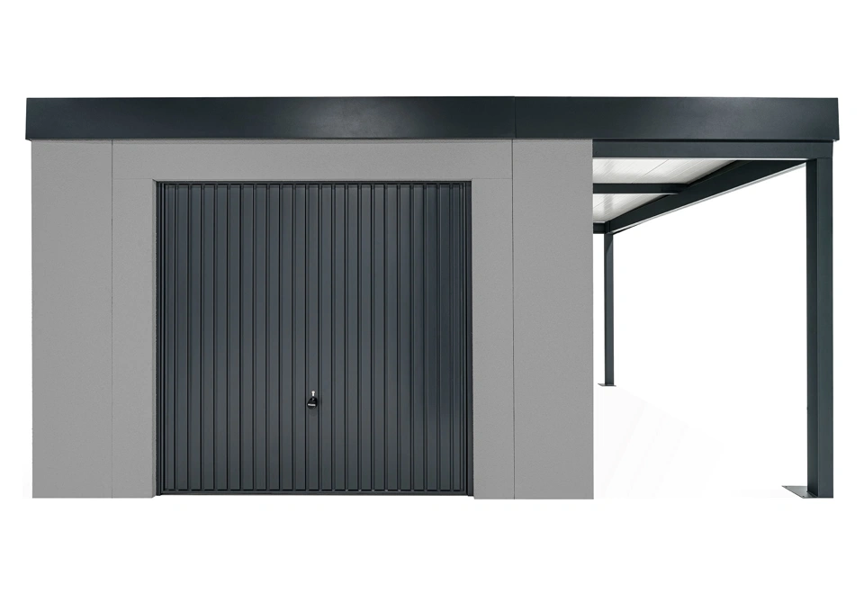 GARDEON® Gartenhaus mit sicherer Garagentür von Hörmann und überdachtem Bereich