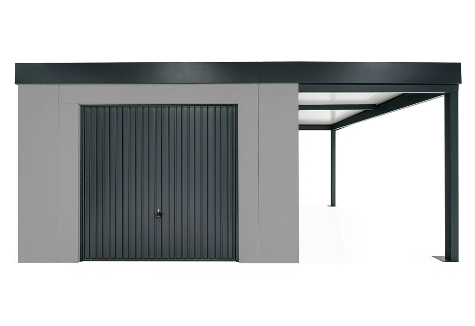 GARDEON® Gartenhaus mit sicherer Garagentür von Hörmann und überdachtem Bereich