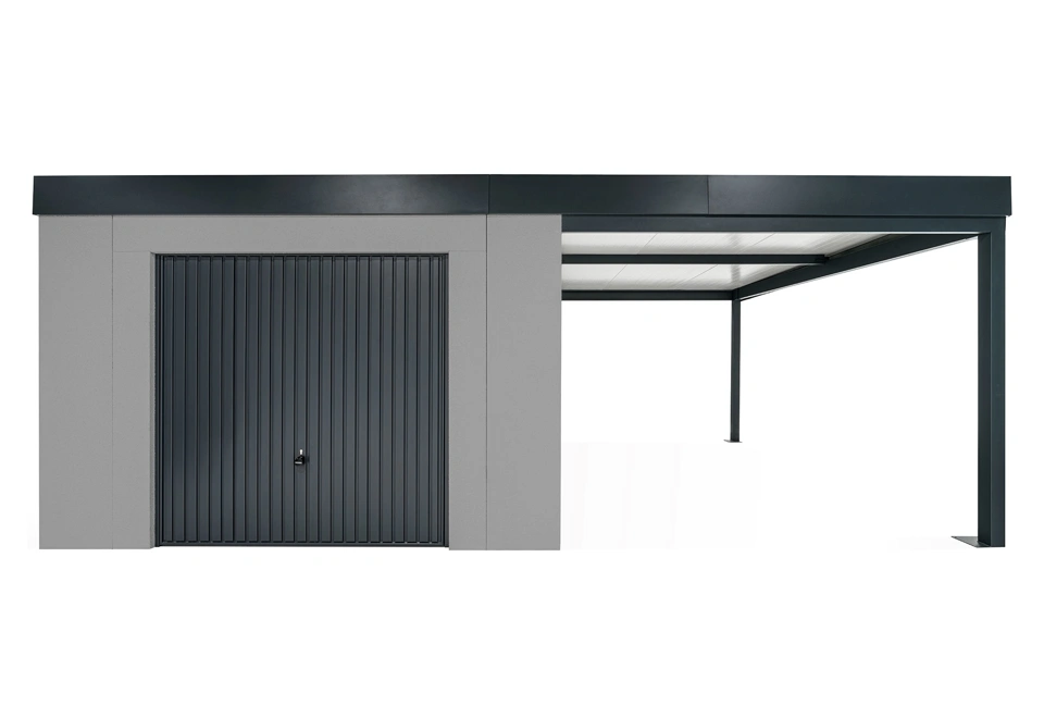 GARDEON® Gartenhaus mit sicherer Garagentür von Hörmann und überdachtem Bereich