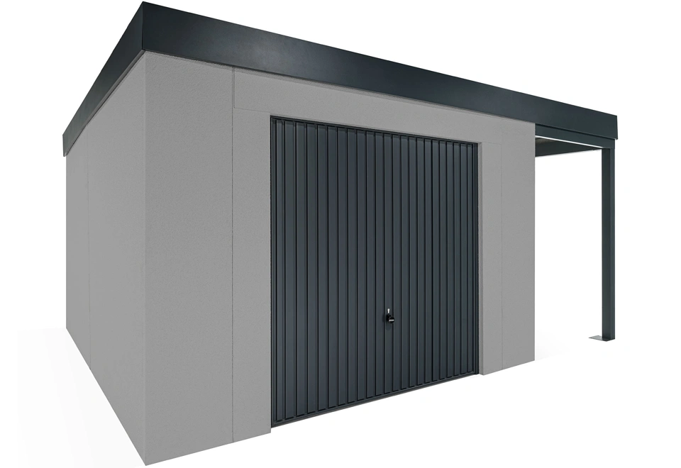GARDEON® Gartenhaus mit sicherer Garagentür von Hörmann und überdachtem Bereich
