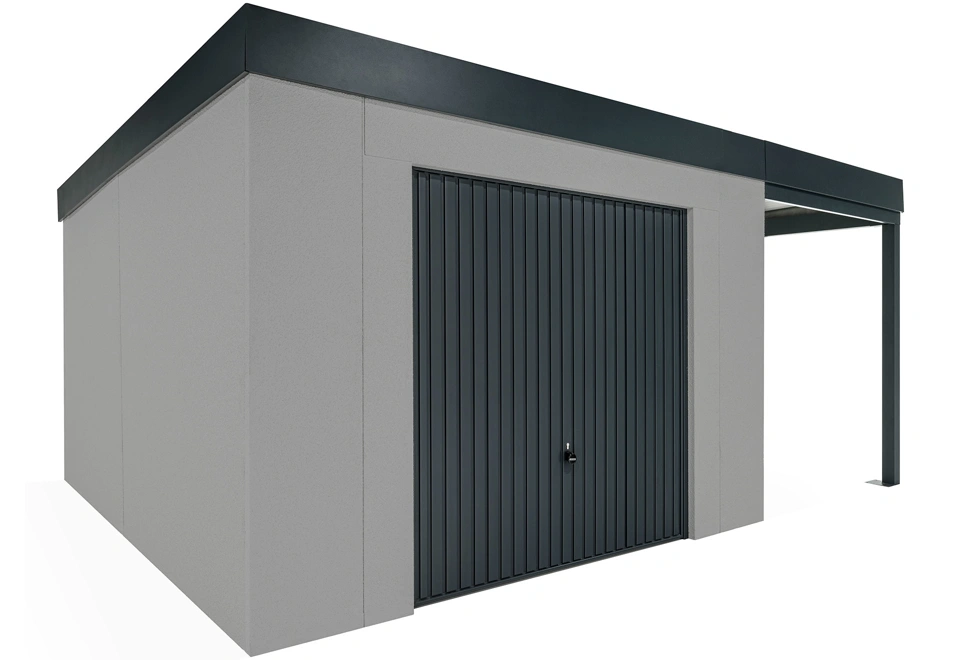 GARDEON® Gartenhaus mit sicherer Garagentür von Hörmann und überdachtem Bereich