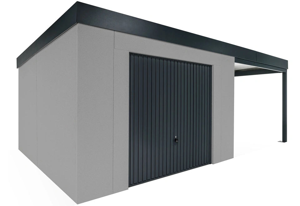 GARDEON® Gartenhaus mit sicherer Garagentür von Hörmann und überdachtem Bereich
