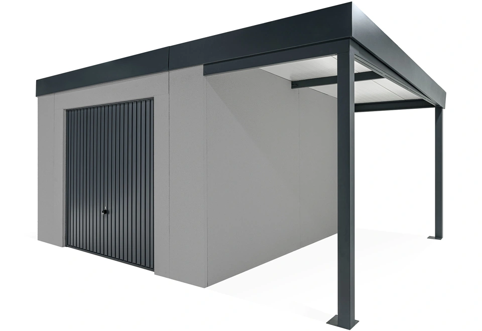 GARDEON® Gartenhaus mit sicherer Garagentür von Hörmann und überdachtem Bereich