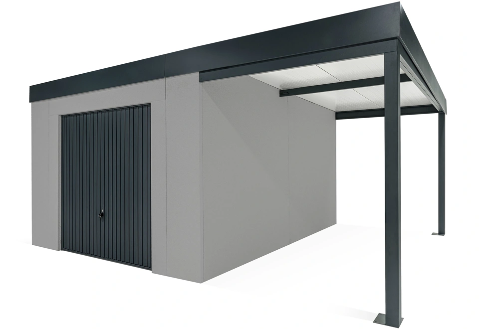 GARDEON® Gartenhaus mit sicherer Garagentür von Hörmann und überdachtem Bereich