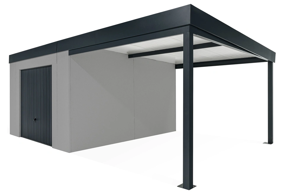 GARDEON® Gartenhaus mit sicherer Garagentür von Hörmann und überdachtem Bereich