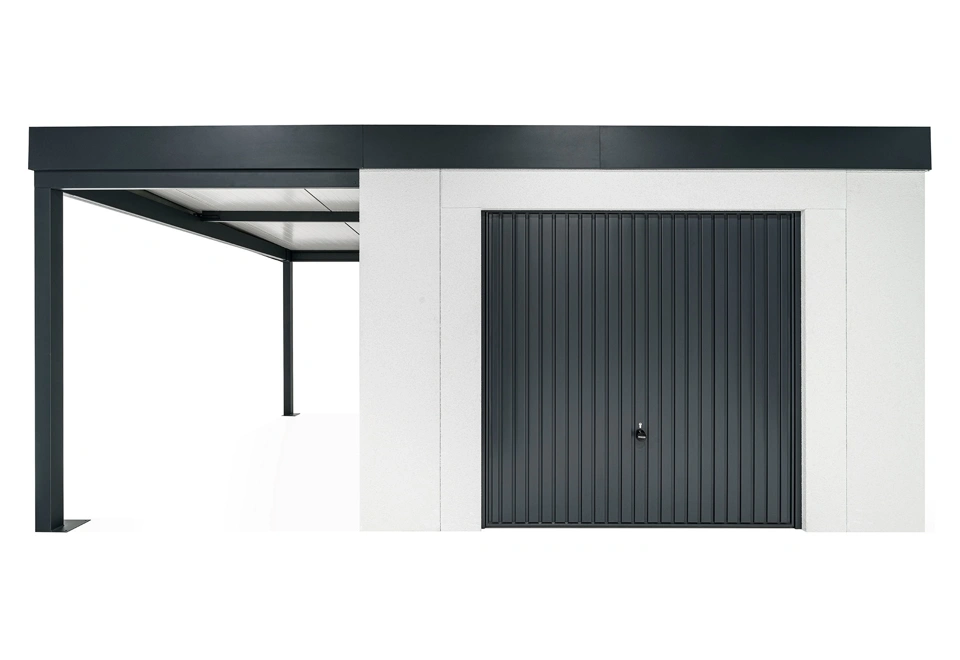 GARDEON® Gartenhaus mit sicherer Garagentür von Hörmann und überdachtem Bereich