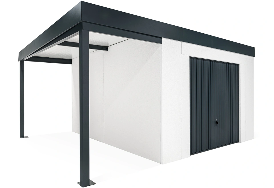 GARDEON® Gartenhaus mit sicherer Garagentür von Hörmann und überdachtem Bereich