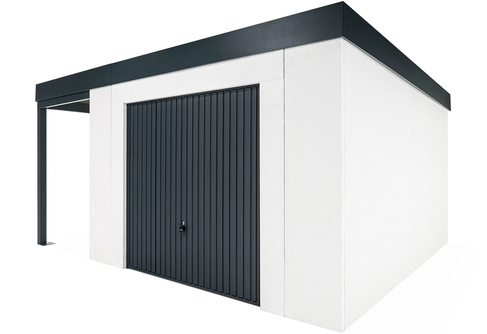 GARDEON® Gartenhaus mit sicherer Garagentür von Hörmann und überdachtem Bereich