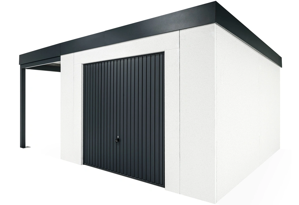GARDEON® Gartenhaus mit sicherer Garagentür von Hörmann und überdachtem Bereich