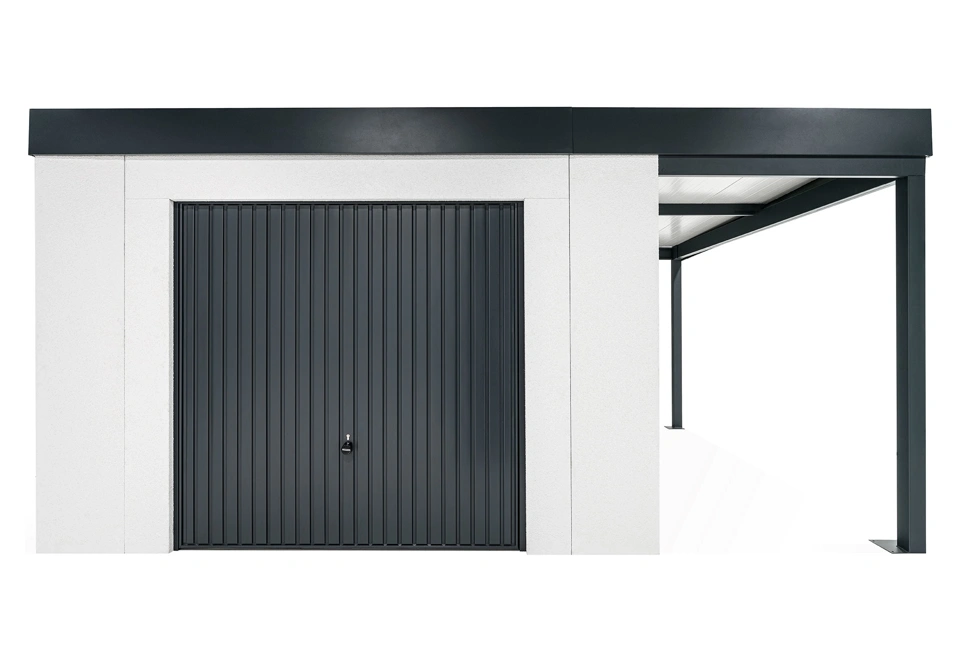 GARDEON® Gartenhaus mit sicherer Garagentür von Hörmann und überdachtem Bereich