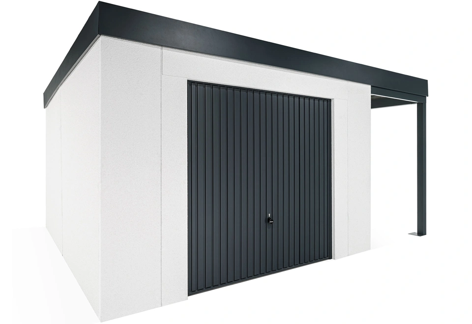 GARDEON® Gartenhaus mit sicherer Garagentür von Hörmann und überdachtem Bereich