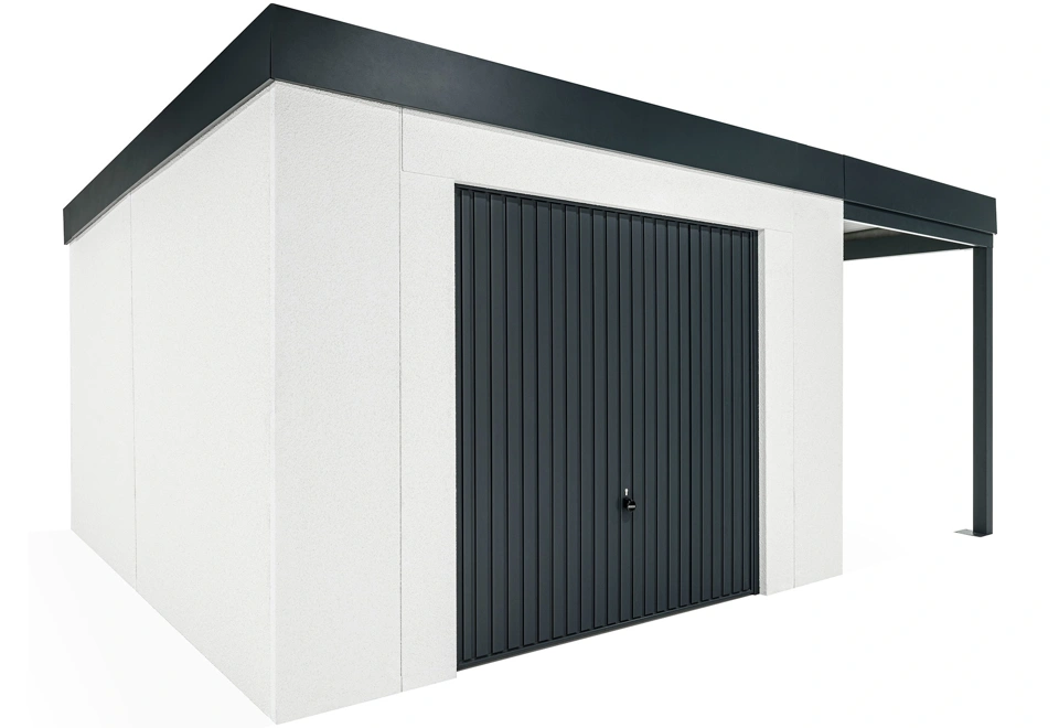 GARDEON® Gartenhaus mit sicherer Garagentür von Hörmann und überdachtem Bereich