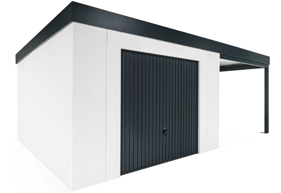 GARDEON® Gartenhaus mit sicherer Garagentür von Hörmann und überdachtem Bereich