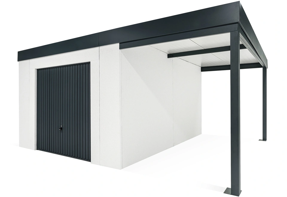 GARDEON® Gartenhaus mit sicherer Garagentür von Hörmann und überdachtem Bereich