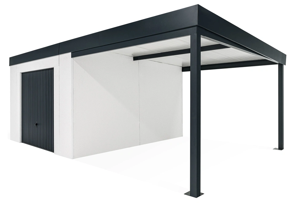 GARDEON® Gartenhaus mit sicherer Garagentür von Hörmann und überdachtem Bereich