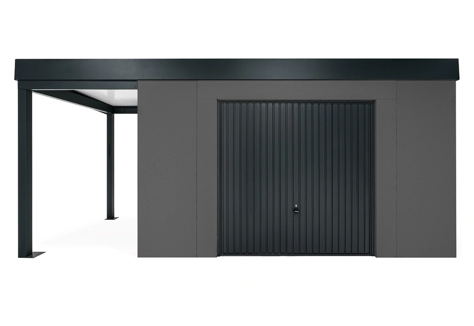 GARDEON® Gartenhaus mit sicherer Garagentür von Hörmann und überdachtem Bereich