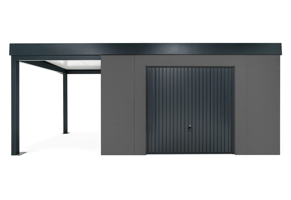 GARDEON® Gartenhaus mit sicherer Garagentür von Hörmann und überdachtem Bereich