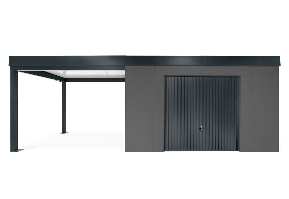 GARDEON® Gartenhaus mit sicherer Garagentür von Hörmann und überdachtem Bereich