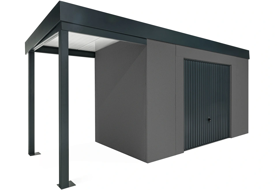 GARDEON® Gartenhaus mit sicherer Garagentür von Hörmann und überdachtem Bereich