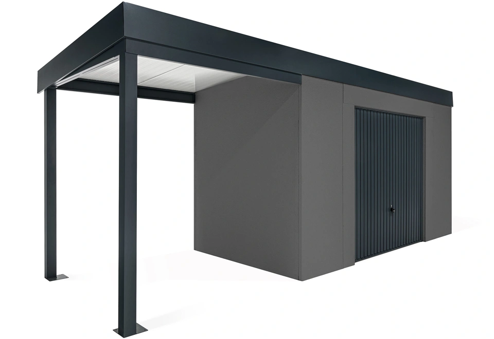 GARDEON® Gartenhaus mit sicherer Garagentür von Hörmann und überdachtem Bereich