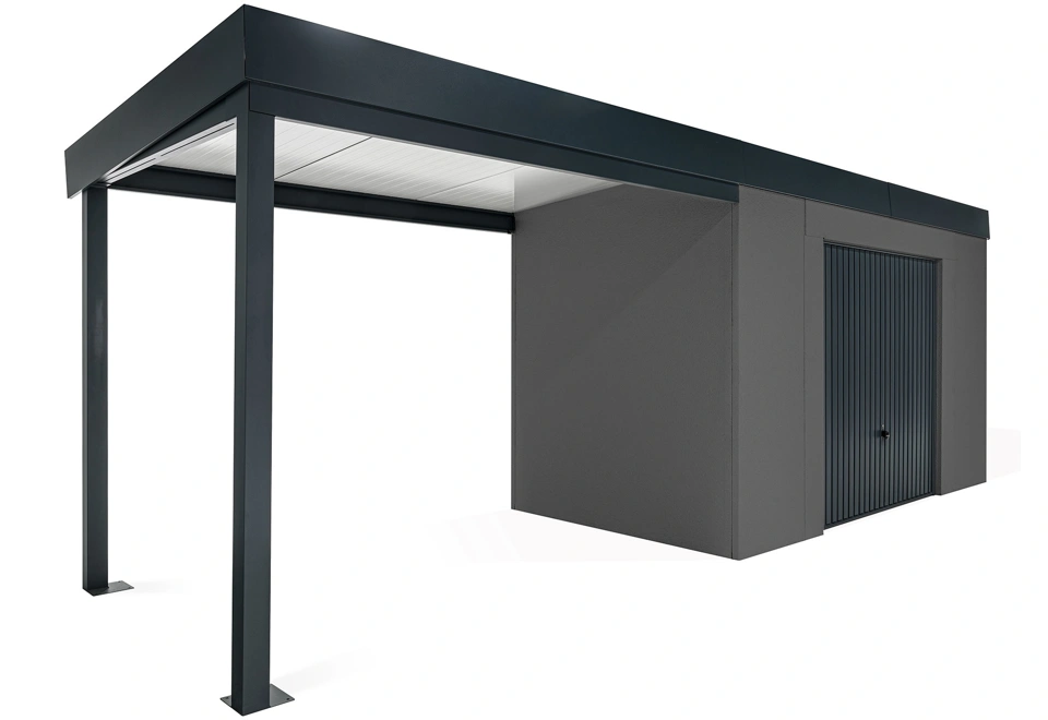 GARDEON® Gartenhaus mit sicherer Garagentür von Hörmann und überdachtem Bereich