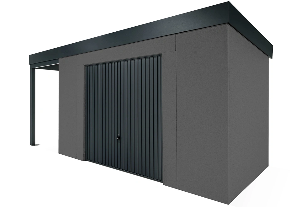 GARDEON® Gartenhaus mit sicherer Garagentür von Hörmann und überdachtem Bereich