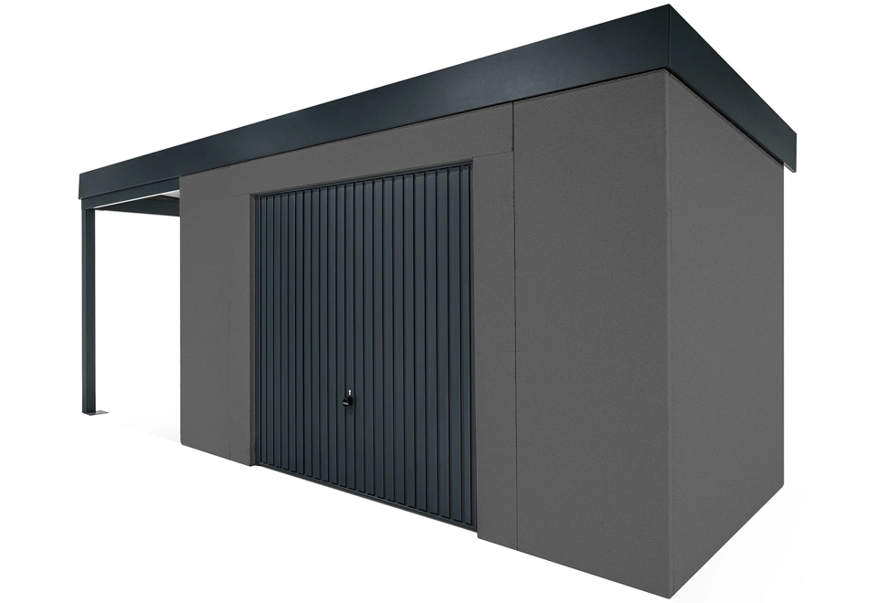 GARDEON® Gartenhaus mit sicherer Garagentür von Hörmann und überdachtem Bereich
