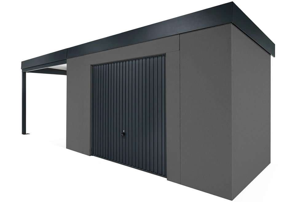 GARDEON® Gartenhaus mit sicherer Garagentür von Hörmann und überdachtem Bereich
