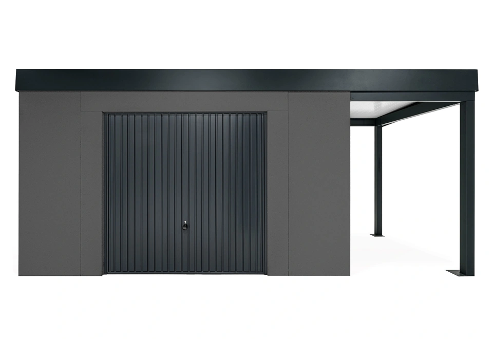 GARDEON® Gartenhaus mit sicherer Garagentür von Hörmann und überdachtem Bereich