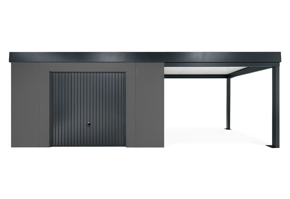 GARDEON® Gartenhaus mit sicherer Garagentür von Hörmann und überdachtem Bereich