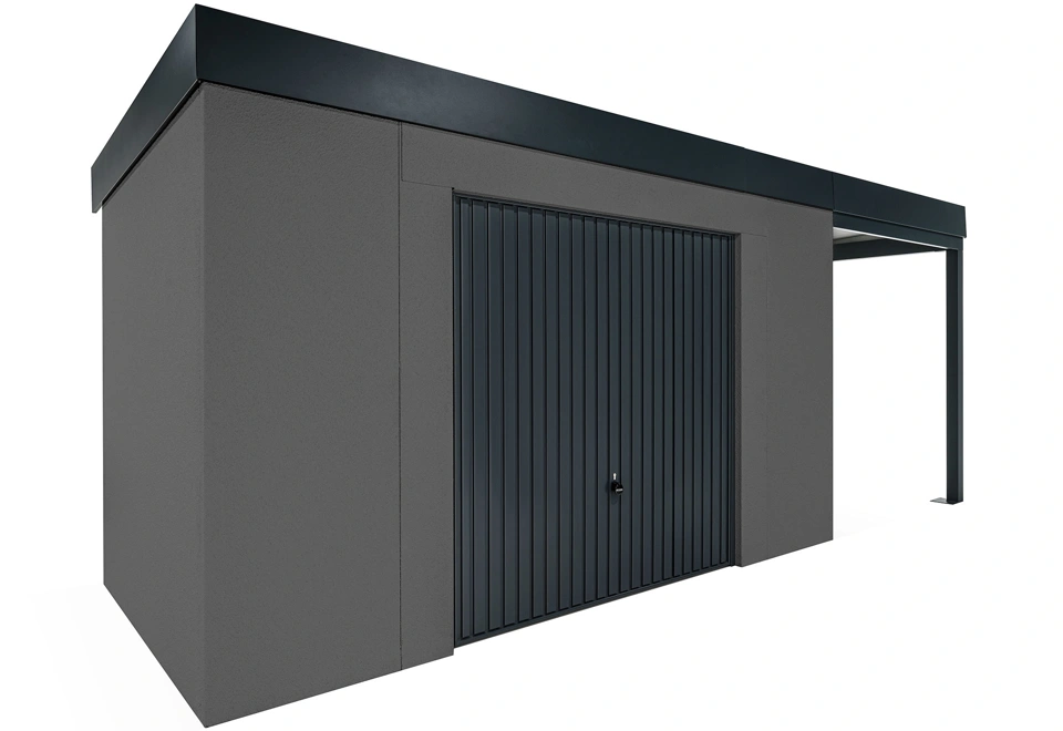 GARDEON® Gartenhaus mit sicherer Garagentür von Hörmann und überdachtem Bereich