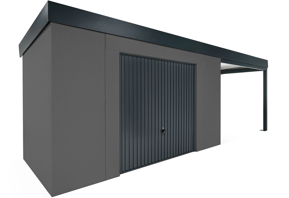 GARDEON® Gartenhaus mit sicherer Garagentür von Hörmann und überdachtem Bereich